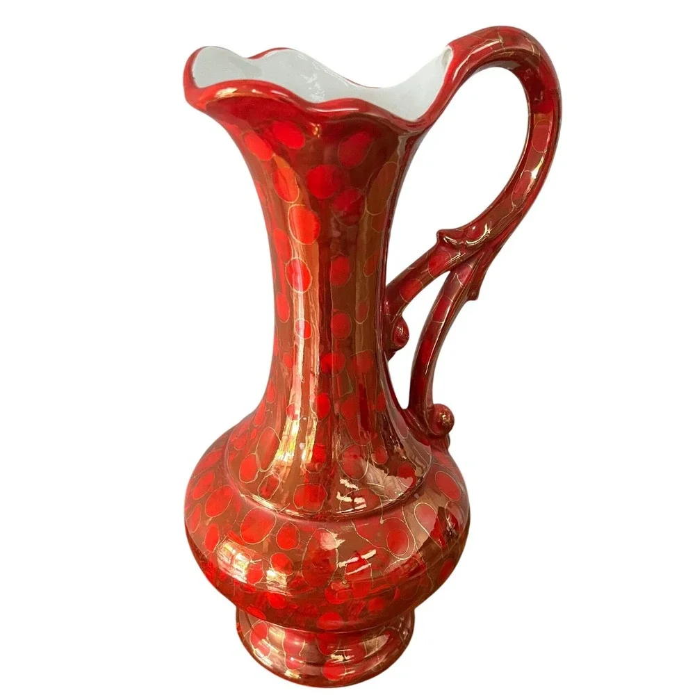 Vintage‎ Bold Red and Gold Vase Pitcher Ewer 1981 MCM vibe signd